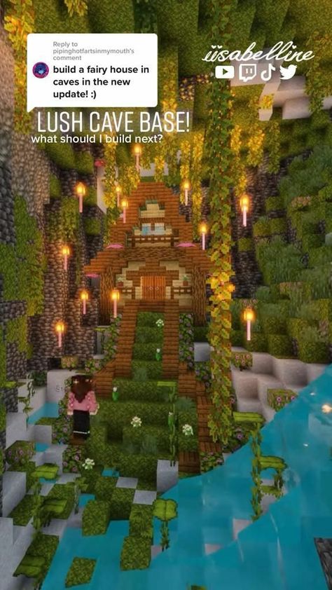 Cute Lush Cave House Minecraft, Lush Cave House Ideas Minecraft, Minecraft Underground Village Ideas, Aesthetic Minecraft Cave House, Lush Cave Home Minecraft, Minecraft Building Ideas Lush Caves, Lush Cave House Minecraft Aesthetic, Lush Caves House Minecraft, Lush Biome House Minecraft