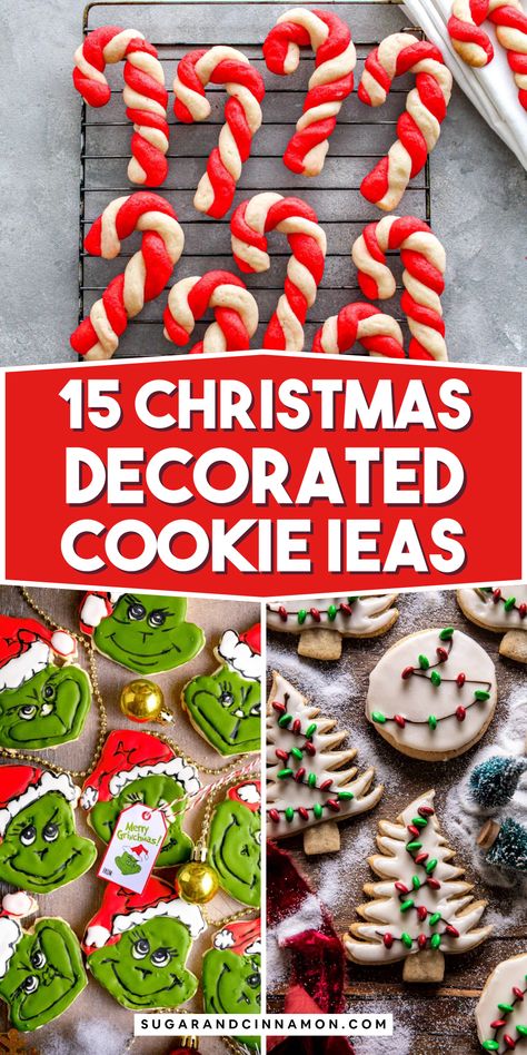 🎄Christmas Cookie Magic!✨ Discover 15 delightful Christmas decorated cookie recipes that will make your holiday celebrations even sweeter. From classic gingerbread to festive sugar cookies, these treats are perfect for family gatherings or gifting. 🍪 Check them out now and save this pin for your holiday baking inspiration! Classic Christmas Sugar Cookies, Christmas Cookies Decorated Recipe, Ginger Bread Cookies Decorated, Christmas Santa Cookies, Christmas Cookies Easy Decorating, Frosted Gingerbread Cookies, Candy Cane Cookies Royal Icing, Christmas Cookie Ideas Decorated, Christmas Star Cookies Decorated