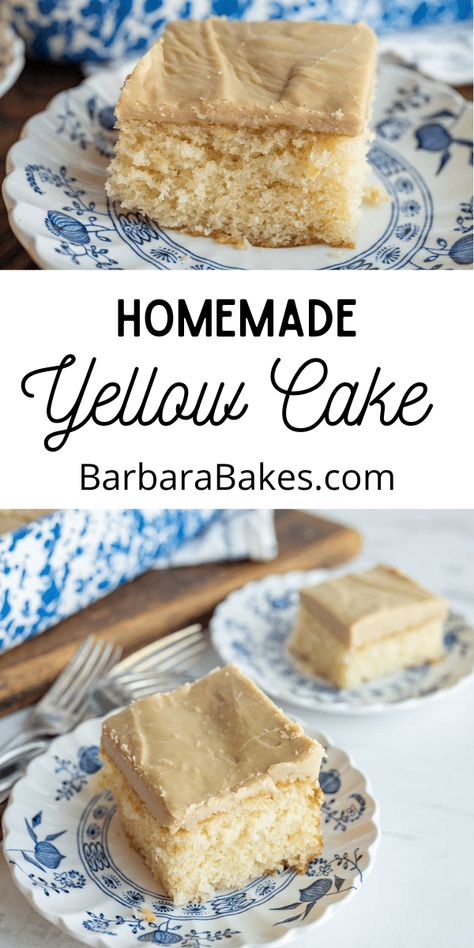 Yellow Cake is a classic treat that's super easy to whip up and always a crowd-pleaser. With its buttery texture and vanilla flavor, it's perfect for birthdays, celebrations, or just for fun! via @barbarabakes Old Fashioned Yellow Cake, Basic Yellow Cake Recipe, Homemade Yellow Cake, Baking Powder Substitute, Cherry Dump Cake, Yellow Cake Recipe, Chocolate Chip Cookie Cake, Light Cakes, Vanilla Icing