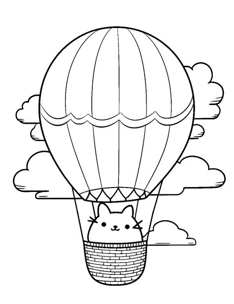 Hot Air Balloon Ride: Pusheen looking out from a hot air balloon. (Free Printable Coloring Page for Kids) Posca Inspiration, Hot Air Balloon Coloring Pages, Cute Pusheen, Hot Air Balloon Drawing, Pusheen Coloring Pages, Pikachu Coloring Page, Hot Air Balloon Ride, Frog Coloring Pages, Camp Crafts