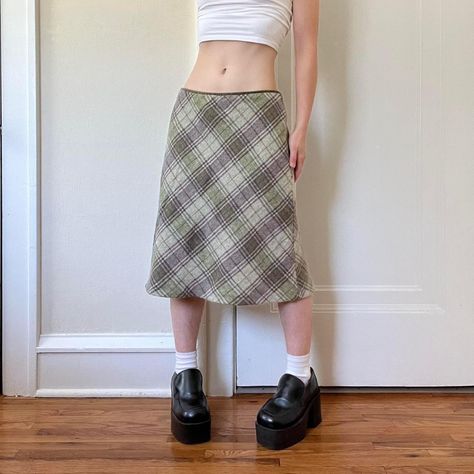 PLAID WOOL MIDI SKIRT  vintage 80s grunge a-line... - Depop Wool Midi Skirt Outfit, Plaid Midi Skirt Outfit, Sage Green And Lavender, 80s Grunge, Midi Skirt Vintage, Green And Lavender, Plaid Skirt Outfit, Wool Midi Skirt, Plaid Midi Skirt