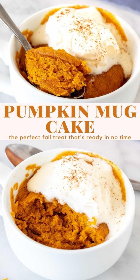 Pumpkin Mug Cake Recipe, Mug Dessert Recipes, Pumpkin Mug Cake, Microwave Mug Recipes, Thm Sweets, Dessert Breads, Mug Cake Microwave, Pumpkin Recipes Easy, Pumpkin Desserts