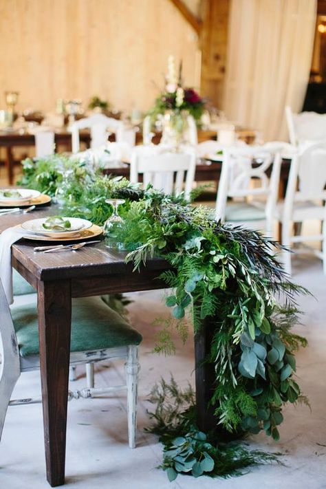 Silver Dollar Eucalyptus, Agonis, Plumosus, and Olive Branch make a stunning combination in this fresh garland made by our AIFD partner  Alpha Fern. Wedding Flowers Gypsophila, September Wedding Flowers, Greenery Wedding Centerpieces, Wedding Flowers Greenery, Navy Wedding Flowers, Rustic Garden Wedding, Wedding Flowers Roses, Cheap Wedding Flowers, Tropical Wedding Flowers