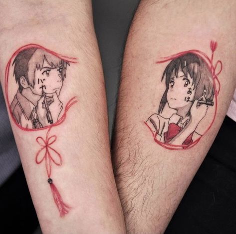 Tasteful Anime Tattoo, Couple Anime Tattoo, Anime Couple Tattoo Ideas, Anime Sibling Tattoos, Your Name Tattoo Anime, Matching Anime Couple Tattoos, Your Name Anime Tattoo, Anime Matching Tattoos, Anime Couple Tattoos