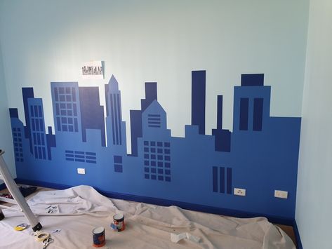 Diy City Skyline Wall, Spiderman Skyline, Teddy Bedroom, Spiderman Bedroom, Batman Bedroom, Sensory Gym, Marvel Bedroom, Batman Room, City Bedroom