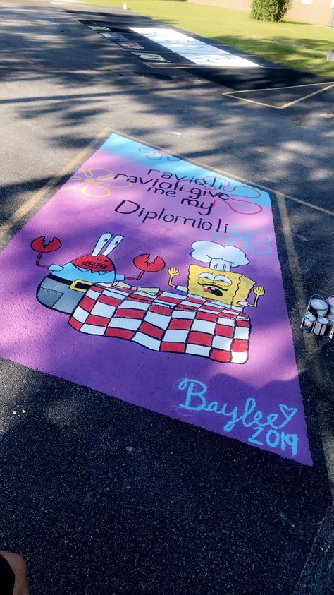 Painted Parking Spaces Ideas, Parking Spot Ideas, Parking Lot Painting, Senior Year Things, Senior Parking Spot, Parking Spot Painting, To Paint, High School Graduation Cap, Sidewalk Chalk Art