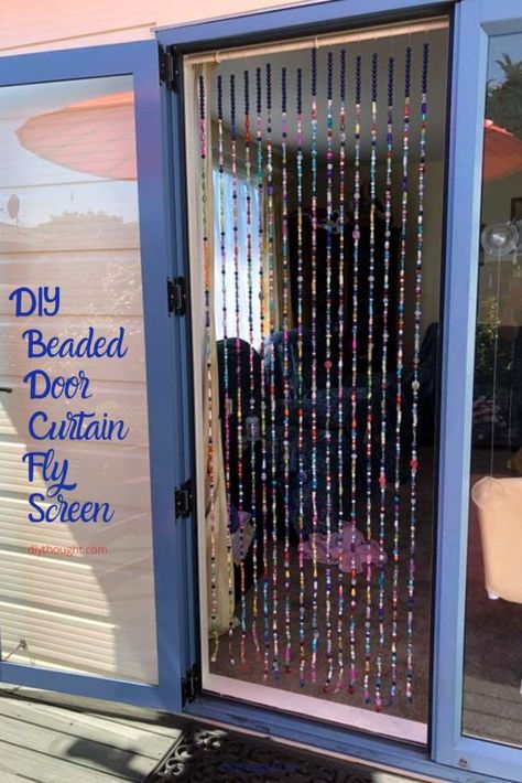 DIY Beaded Door Curtain Fly Screen. How to make a beaded fly screen. Bead Door Curtain Diy, Beaded Curtains Diy, Beaded Door Curtain, Door Curtains Diy, Hanging Door Beads, Beaded Door, Boho Glam Home, Beaded Door Curtains, Door Beads