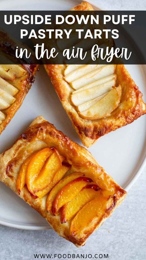 Air fryer upside down puff pastry tarts are delicious and easy to make! This viral TikTok recipe trend is adapted for the air fryer and is so fun and flavorful. Puff pastry is combined with sweet or savory ingredients for a flaky, puffy, golden brown treat. Puff Pastry Desserts Air Fryer, Air Fryer Eclairs, Air Fryer Tarts, Upside Down Peach Tart, Airfryer Pastry Recipes, Puff Pastry In Air Fryer, Puff Pastry Recipes Air Fryer, Air Fryer Pastry Recipes, Tenderflake Puff Pastry Recipes