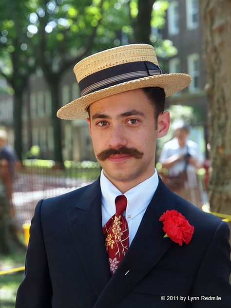 This picture is pretty awesome. Lawn Party Outfit, Boater Hat Outfit, Jazz Age Lawn Party, Suited Men, Mens Dress Hats, Summer Suits Men, Moustaches Men, Lawn Party, Hat Outfit