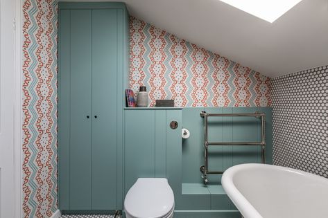 Otta Design - Interior Design - Battersea - South West London - Ealing - West LondonOtta Design Blue Bathroom With Wallpaper, Dix Blue, Loft Bathroom, Interior Design London, Interior Design Process, County House, London Apartment, Bespoke Interiors, Blue Bathroom