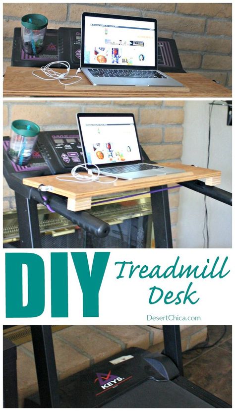 DIY Treadmill Desk | Desert Chica Diy Treadmill Desk Attachment, Treadmill Laptop Holder Diy, Treadmill Desk Diy, Diy Treadmill Desk, Diy Treadmill, Walking Desk, Walking Treadmill, Treadmill Desk, Pallet Desk