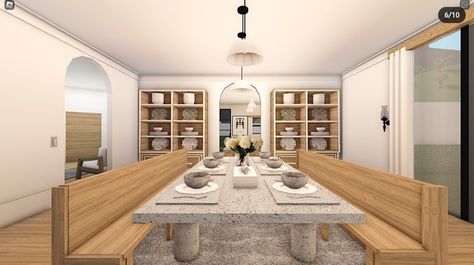 Interior Dining Room, Custom Dining Chairs, Blocksburg Room Ideas￼, Bloxburg Houses, Table Room, Bloxburg Modern, Long Dining Table, Berry Ave, Luxury Homes Dream Houses