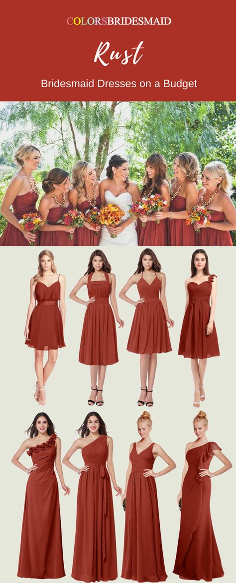 The rust bridesmaid dresses( a color shade of red bridesmaid dresses) in long and short style are tailor made to all sizes including plus size. They are mostly sold under 100 and up to 70% off. Buy cheap bridesmaid dresses at colorsbridesmaid.com! Country Wedding Bridesmaids, Rust Color Dress, Elegant Red Dress, Western Gown, Rust Bridesmaid Dress, Tan Skin Blonde Hair, Cheap Bridesmaid, Fall Barn Wedding, Bridesmaid Dresses Boho