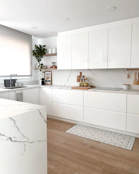 21+ Cleanest All-White Kitchen Design Inspirations For 2024 - DrExplains White Kitchen Handleless, White Colour Kitchen Design, White Modern Cabinets Kitchen, White Kitchen No Handles, Modern Kitchen Design White Cabinets, White Kitchen Update, Kitchens With White Countertops, Bright White Kitchen Ideas, L Shaped White Kitchen