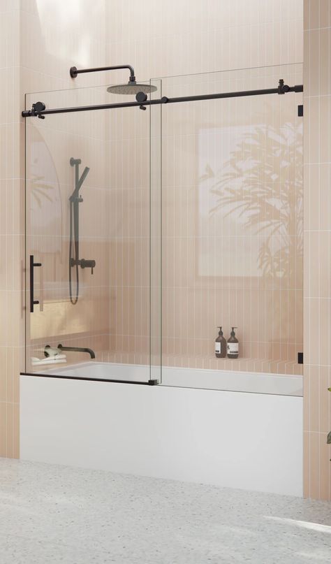 Glass Warehouse 56" - 60" x 60" Single Sliding Frameless Tub Door & Reviews | Wayfair Glass Shower Tub, Tub With Glass Door, Bathtub Shower Combo, Tub Remodel, Tub To Shower Conversion, Tub Door, Bathtub Doors, Bathroom Redesign, Tub Doors