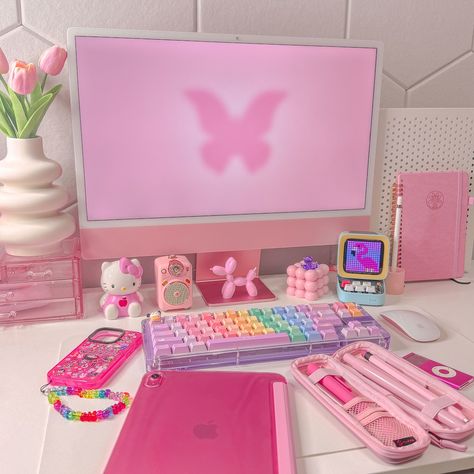 Hope everyone has a great weekend! 🩷 • • • Desk Setup Items • • • Items are 🔗’d in B!0 #pink #desksetup #pinkdesksetup #pinkipad #kawaiiaesthetic #cute #studygram pink, desk setup, pink desk setup, pink iPad, kawaii aesthetic, cute, study gram Computer Organization Desktop, Asmr Ideas, Pink Desk Setup, Pink Desk Decor, Pink Gaming Setup, Imac Desk, Kawaii Office, Study Gram, Imac Desk Setup