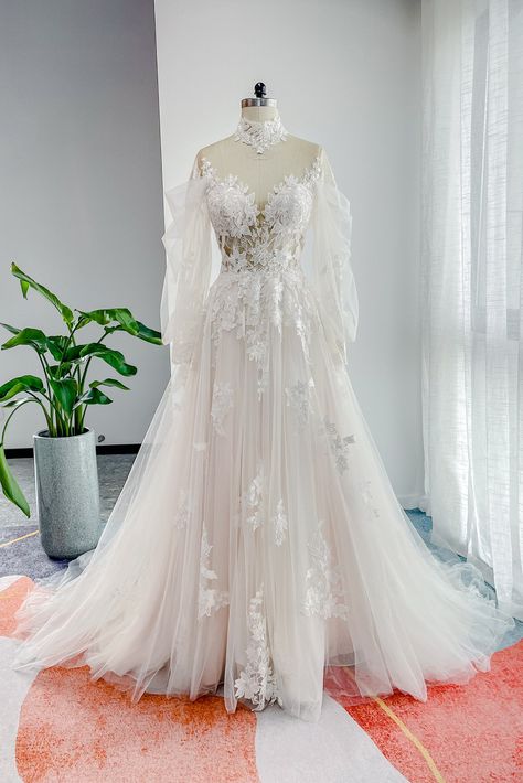 A-Line High Neck Court Train Lace Tulle Long Sleeve Zipper Wedding Dress CW3156 Medieval Inspired Wedding Dress, Long Vail, Woodland Wedding Dress, Twilight Wedding, Ethereal Wedding Dress, Vintage Style Wedding Dresses, Fairy Tale Wedding Dress, Beach Wedding Dress Boho, Ethereal Wedding