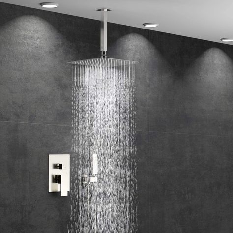 Rainfall Shower Ideas, Suite Layout, Master Suite Layout, Shower Ceiling, Brushed Nickel Shower, Shower Head With Handheld, Shower Combo, Bathroom Design Black, Rain Head