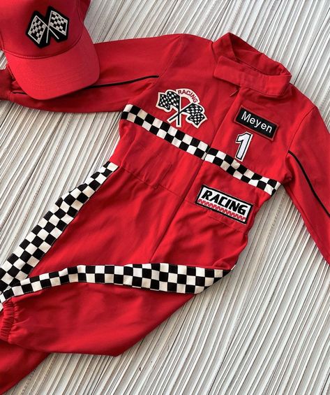 Personalized Red Racer Long Jumpsuit checkered Red Racer Kids - Etsy Racer Birthday Theme, Car Halloween Costumes, Diy Race Car Driver Costume, Pit Crew Costume, Diy Halloween Headbands, Cars Costume, Baby Birthday Balloon, Cars Halloween Costume, Hot Wheels Diy