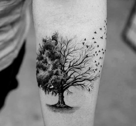 Oak Tree Tattoo Forearm, Tree Tattoo Black, Bird Design Tattoo, Tree Tattoo Forearm, Tree Tattoo Men, Tattoo Son, Small Forearm Tattoos, Awesome Tattoo, Tattoos For Women Half Sleeve