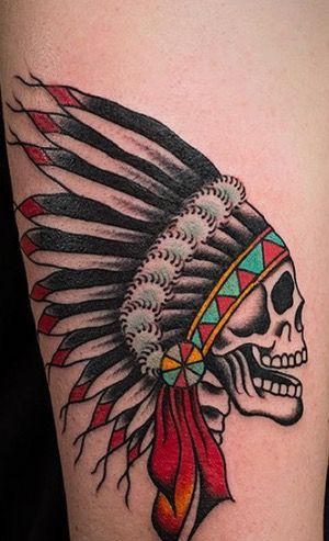 Traditional Tattoo Indian, Indian Headdress Tattoo, Traditonal Tattoo, Indian Skull Tattoos, Headdress Tattoo, Tattoo Wolf, Indian Skull, Traditional Tattoo Sleeve, Indian Headdress