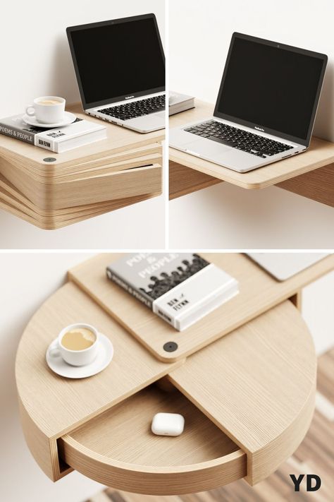 This Revolver desk concept is one such example. In its “closed” state, it looks nothing more than a wall-mounted floating desk with a rather bulky drawer on the left side. It actually looks quite attractive in itself with its minimalist wooden design. The real interesting part is when you swivel the “drawers,” extending the very space of the desk itself. Wall Computer, Corner Drawers, Mounted Desk, Floor Desk, Tiny House Furniture, Smart Desk, Leather Sofa Chair, Townhouse Interior, Russian Tea