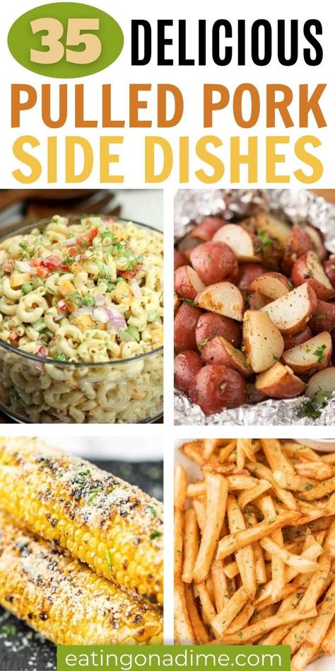 The best pulled pork sides that are easy to prepare and taste amazing too. 35 side dishes for pulled pork that can feed a crowd. Check out what goes with pulled pork and serve the best side dishes for your next BBQ or cookout! #eatingonadime #sidedishes #pulledpork #thebestsides What Goes With Pulled Pork, Pulled Pork Sandwich Sides, Pork Sandwich Sides, Side Dishes For Pulled Pork, Pulled Pork Side Dishes, Pulled Pork Sides, Pulled Pork Dinner, Pork Side Dishes, The Best Pulled Pork