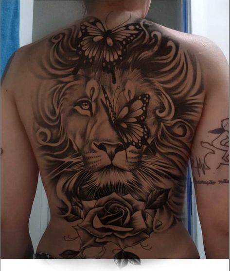 Full Women Back Tattoos, Lion Back Tattoo Women, Women Full Back Tattoo, Backpiece Tattoo For Women, Lion Back Tattoo, Beautiful Back Tattoos, Best Leg Tattoos, Backpiece Tattoo, Stomach Tattoos Women