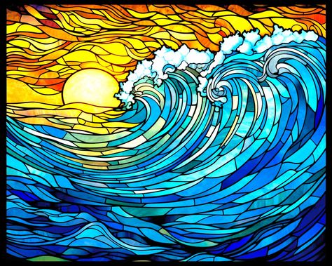 Sunrise Over High Ocean Waves Stained Glass Pattern Print, Download Ocean Sunrise Digital Art JPG File 20x16 300DPI Ocean Coloring Book - Etsy Ocean Sunrise, Stained Glass Patterns Free, Glass Window Art, Stained Glass Pattern, Stained Glass Decor, Landscape Art Painting, Glass Pattern, Art Stained, Wave Art