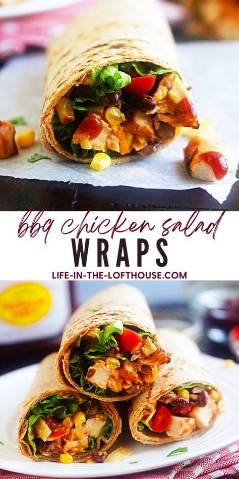 BBQ Chicken Salad Wraps - Life In The Lofthouse Macro Lunches, Bento Meals, Life In The Lofthouse, Chicken Black Beans, Bbq Chicken Wraps, Tomatoes And Cheese, Sandwich Wraps Recipes, Chicken Salad Wrap, Bbq Chicken Salad