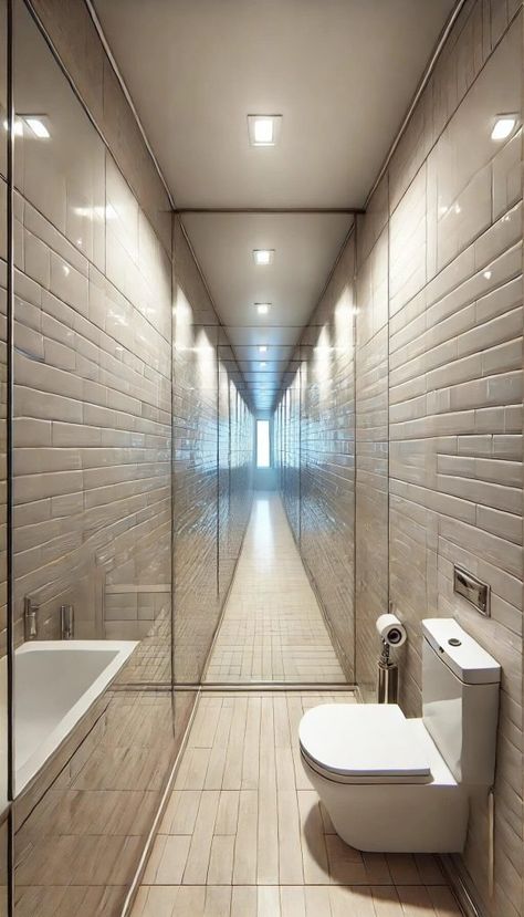 20 Genius Narrow Bathroom Ideas That Boost Functionality 45 Long Narrow Bathroom Remodel, Bathroom Long Narrow, Long Narrow Master Bath, Small Long Bathroom Ideas, Long Bathroom Design, Long Narrow Bathroom Ideas, Long Bathrooms Ideas, Galley Bathroom, Narrow Bathroom Ideas