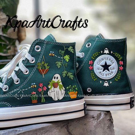 Ghost Plant Embroidered Converse, Embroidered Potted Monstera Ghost Converse, Converse Embroidered Ghost, Plant Lover Gift, Summer Ghosts ❤️ WELCOME  ❤️   "Thank you for visiting my store and taking the time to read these descriptions!!   The store's inventory will be regularly updated.      "My store has been open since 2020. All of the items in the store are hand-embroidered by me. I can embroider patterns such as flowers, pets, mushrooms, and so on...   It is definitely a meaningful gift. I h Ghost Converse, Heartstopper Leaves, Embroidered Ghost, Embroidered Products, Leaves Embroidery, Classic Converse, Embroidered Converse, Ghost Plant, Cute Converse