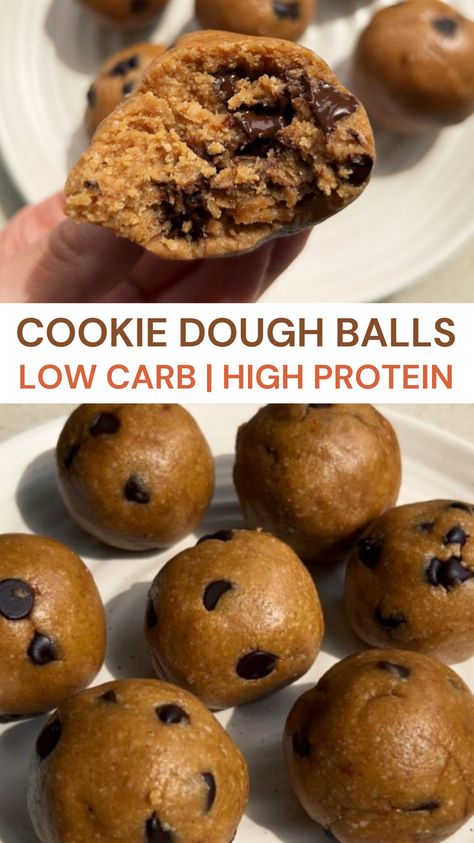 These keto friendly, low carb, high protein cookie dough balls are your new meal prep-able, go-to grab-and-go healthy snacks!    7grams of protein per serving, with just 20grams of carbohydrates, and 130 calories - they're perfect for a quick and tasty nutritional hit! Edible Peanut Butter Cookie Dough, Protein Snacks Low Carb, Protein Cookie Dough Balls, Healthy Cookie Dough Recipe, Greek Yogurt Cookie Dough, Low Calorie High Protein Snacks, Low Carb Cookie Dough, Low Calorie Cookies, Peanut Butter Protein Cookies