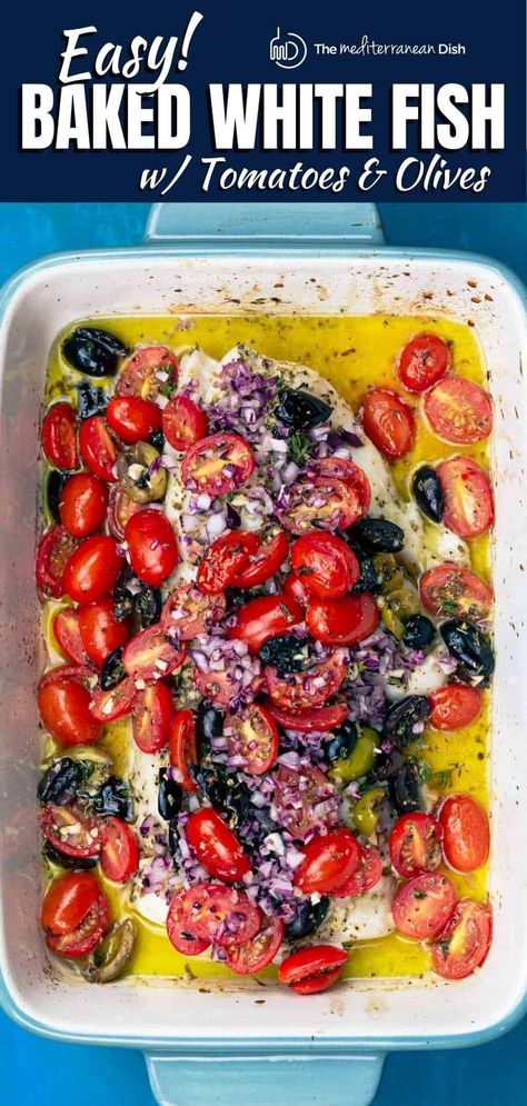 Loaded with bright Mediterranean flavors, this baked white fish ris seasoned with oregano and garlic and topped with a mixture of tomatoes, olives, and red onions. Ready in about 25 minutes! Great tips and video included with the recipe. White Fish And Veggies, Baked Whitefish, White Fish Recipes Baked, Baked White Fish, Barramundi Recipes, Weekday Recipes, Mediterranean Recipe, Mediterranean Fish Recipe, Mediterranean Foods