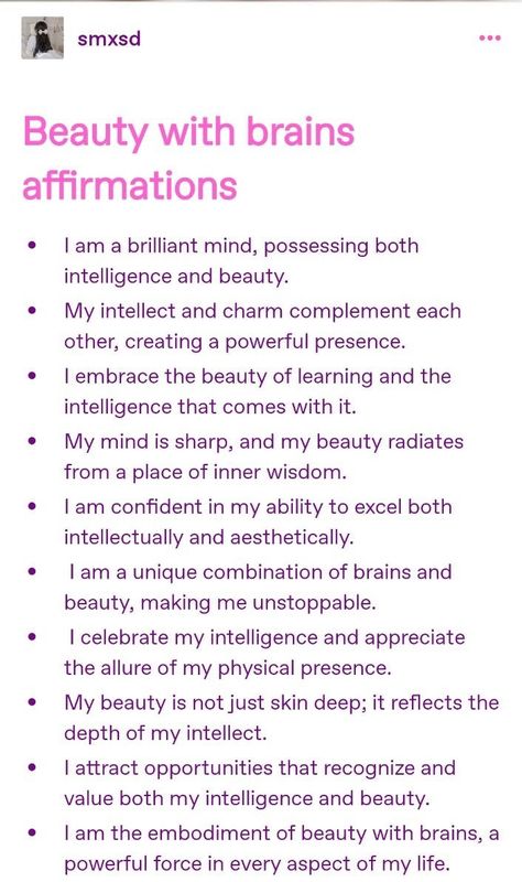 Beauty And Brains Affirmations, Beauty With Brain Affirmations, Hobbies Affirmations, Brain Affirmations, Student Affirmations, Beauty Affirmations, Spirituality Affirmations, Affirmation Board, Practicing Self Love