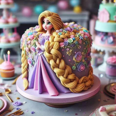 Rapunzel Cake Ideas, Cat Cupcake Cake, Cake Ideas Engagement, Rapunzel Torte, Aesthetic Chocolate Cake, Rapunzel Birthday Cake, Princess Theme Cake, Korea Cake, Bolo Rapunzel