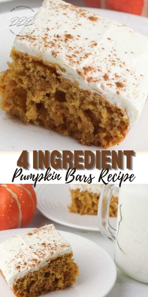 4 Ingredient Pumpkin Bars - Dine Dream Discover Spice Cake Pumpkin Bars, Pumpkin Spice Cookie Bars, Spice Cake Mix Pumpkin Bars, Pumpkin Bars Easy 2 Ingredients, 8x8 Pumpkin Bars, Quick And Easy Pumpkin Dessert Recipes, Bisquick Pumpkin Bars, Pumpkin Bars With Spice Cake Mix Easy, Pumpkin Squares Recipe Easy