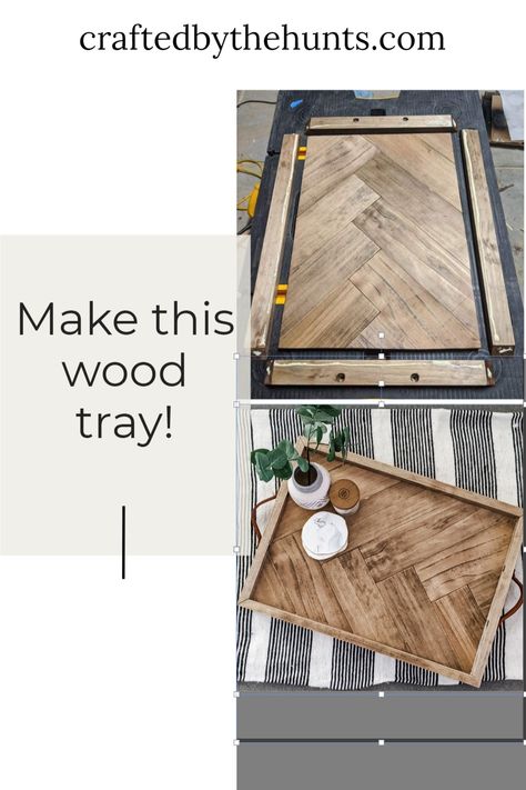 Make this beautiful wood serving tray with leather handles! The herringbone pattern makes this tray beautiful and unique. Build this DIY tray this weekend! Ottoman Tray Diy, Tray With Leather Handles, Kitchen Crafts Diy, Diy Serving Tray, Sell Ideas, Wood Trays, Diy Ottoman, Wood Serving Tray, Diy Tray