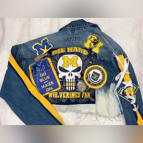 Custom Made Michigan Jacket Mom Jeans Football Game, Upcycle Jean Jacket, Gameday Fashion, Bedazzled Jeans, College Gameday Outfits, Fitted Jean Jacket, Custom Jean Jacket, Old Navy Jean Jacket, Team Jackets