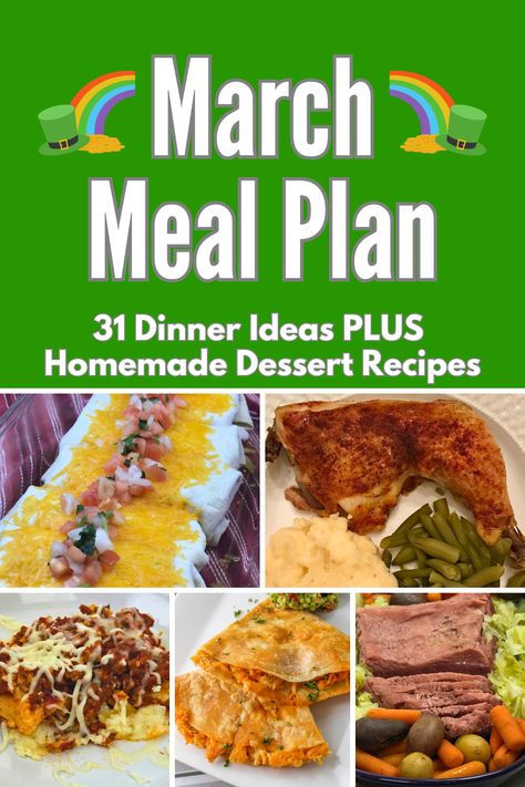 31 days of weeknight dinner ideas for the month of March. A free Monthly Meal Plan for families. St. Patrick's Day and Easter meal ideas included. Spring homemade dessert recipes. March Meal Plan, Easter Meal Ideas, Homemade Dessert Recipes, Weeknight Dinner Ideas, Monthly Meal Plan, Easter Meal, Meal Calendar, Spring Menu, Homemade Recipes Dessert