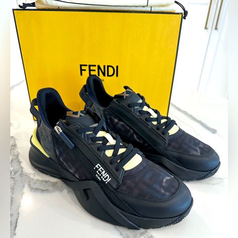 Brand New In Box. 100% Authentic Fendi Flow Men’s Sneakers Size 11 Eu Fits Us Size 12 Colors- Black, Navy And Pale Yellow Style 7e1519 Ahij F1gz2 Designed With Logo Lettering And Pieced Construction, These Sporty Sneakers Feature Utilitarian Zip Detailing. Leather And Textile Upper Almond Toe Lace-Up Vamp Decorative Side Zip Textile Lining Padded Insole Rubber Sole Made In Italy Comes Exactly As Shown In Photos. Includes Original Box, Dustbags And Papers Fendi Flow Sneakers, Fendi Sneakers, Fendi Men, Fendi Monster, Logo Shoes, Leather Chukka Boots, Yellow Style, Sporty Sneakers, Limited Edition Sneakers