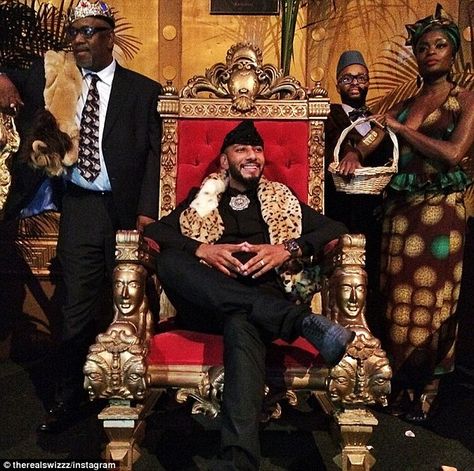 'My current vibe': The birthday boy sat on a gold and red velvet throne in the Coming To America-themed bash - the 1988 movie starring Eddie Murphy America Themed Birthday Party, Birthday Ideas For Husband, America Themed Party, Beyonce Party, America Theme, Swizz Beatz, America Party, Coming To America, America Birthday