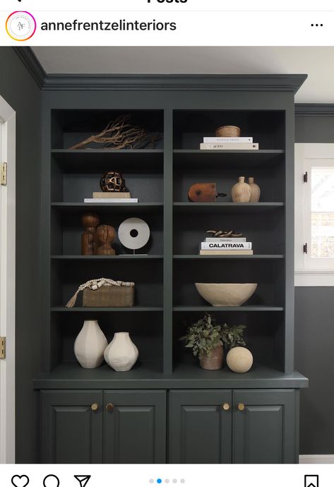 Charcoal Built Ins, Kendall Charcoal Built Ins, Charcoal Bookshelves, Dark Grey Built In Bookcase, Dark Wood Built In Bookshelves, Charcoal Bookcase, Dark Grey Living Room, Family Room Remodel, Living Room Built Ins