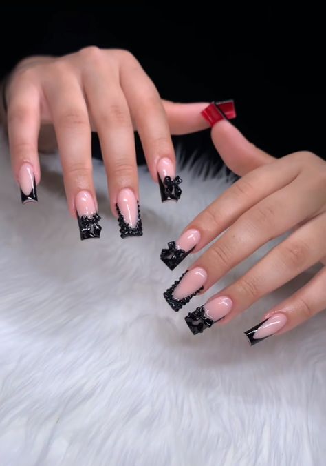 Cute Red Bottom Nails, Short Black Nails With Red Bottoms, French Design Nails Square, Red Bottom Short Nails, Gelx Inspo Nails Simple, Red Bottom Birthday Nails, Black Nail Designs Medium Length, Black And Red Nails Ideas Simple, Birthday Nails Red And Black