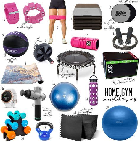 lifestyle and fashion blogger alexis belbel sharing home gym must haves like dumbbells, resistance bands, jump rope, sliders, ab roller, yoga mat, and more | adoubledose.com Home Gym Must Haves, Small Home Gyms, Home Gym Basement, Home Gym Essentials, Workout Room Home, Home Gym Garage, Leg Workout At Home, Diy Home Gym, Gym Room At Home