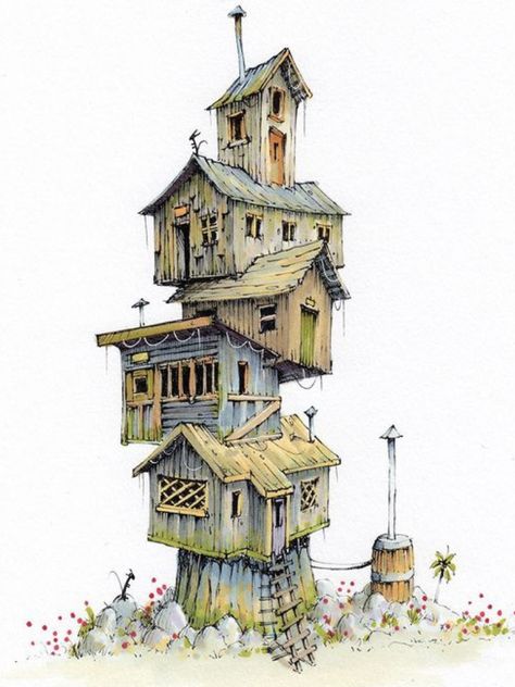 House In Tree Drawing, Whimsical House, House Doodle, Steampunk House, Building Drawing, Architecture Drawing Art, House Illustration, Building Art, Fantasy House