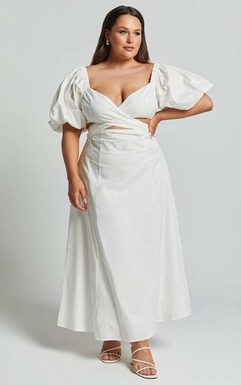 Amalie The Label - Janae Linen Blend Puff Sleeve Cut Out Midi Dress in White Linen Outfit Plus Size, Plus Size Rehearsal Dinner Dress, Plus Size Linen Outfits, Linen Puff Sleeve Dress, John Luke, Sorority Recruitment Outfits, Recruitment Outfits, Sorority Recruitment, Weekly Planning