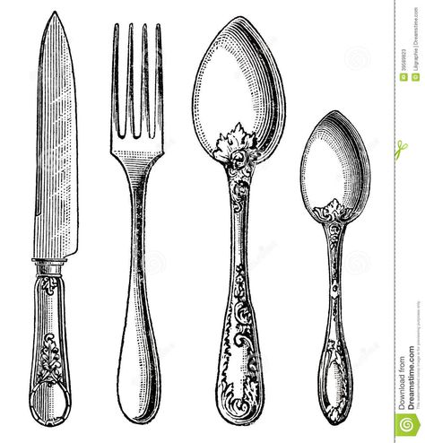 Spoon Engraving, Vintage Forks, Fine Dinnerware, Vintage Cutlery, Fork And Spoon, Knife And Fork, Vintage Silverware, Forks And Spoons, Food Illustrations