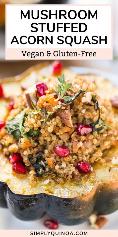 This Mushroom Stuffed Acorn Squash recipe is bursting with many of your favorite fall flavors. It’s also a very healthy dish that is both vegan and gluten-free and only takes an hour to make. With mushrooms, carrots, nuts, quinoa, and squash, this dish is very hearty. It’s lightened up with greens and pomegranate seeds, while maple syrup brings a sweet flavor to the table. Vegetarian Stuffed Acorn Squash, Quinoa Lunch, Quinoa Stuffed Acorn Squash, Acorn Squash Recipe, Mushroom Quinoa, Mushroom Stuffed, Stuffed Squash, Stuffed Acorn Squash, Acorn Squash Recipes