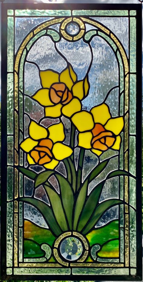 Daffodils Stained Glass Panel Stained Glass Tattoo, Diy Stained Glass Window, Stain Glass Window Art, Window Mural, Stained Glass Patterns Free, Glass Painting Designs, Glass Window Art, Stained Glass Paint, Stained Glass Window Panel